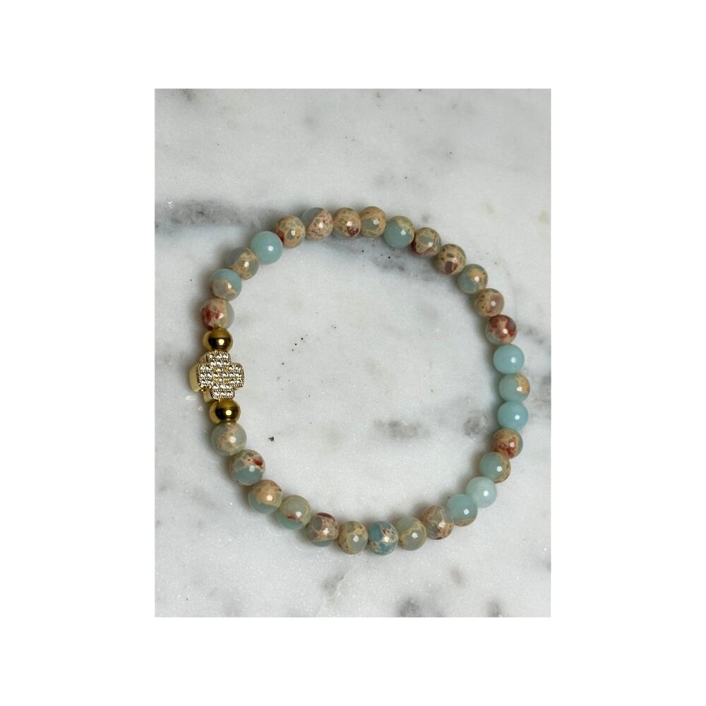 Handmade Aqua Terra Jasper Beaded Stretch Bracelet with Gold-Plated Cross Charm